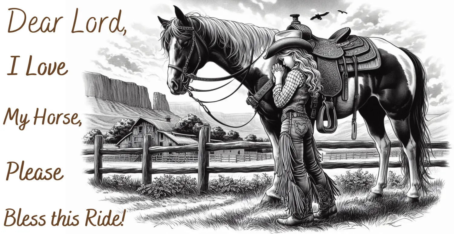 Cowgirl praying with her horse on a 15oz Rustic Young Praying Cowgirl Beverage Mug
