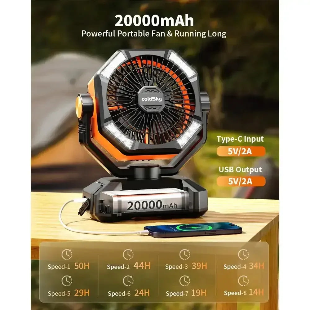 Rechargeable Portable Fan, 8 Speed, 4 LED Lantern, 20000mAh Battery - The Best New Thing