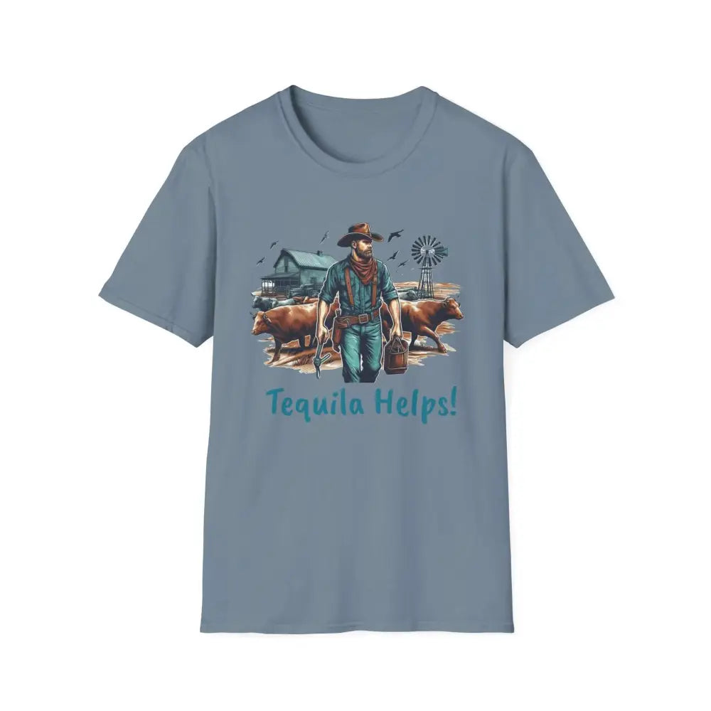 Rustic Farmer T-Shirt with Cattle Gift for Men Cowboy T-Shirt Western Wear for Men - S / Stone Blue - T-Shirt