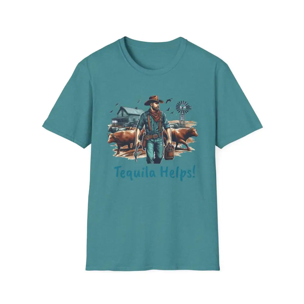 Rustic Farmer T-Shirt with Cattle Gift for Men Cowboy T-Shirt Western Wear for Men - S / Heather Galapagos Blue