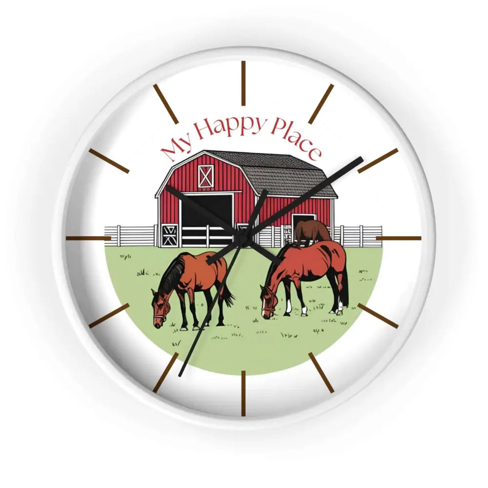 Rustic Horse Barn Wall Clock for Horse Lovers My Happy Place 10 x 10 inches White Base Home Decor
