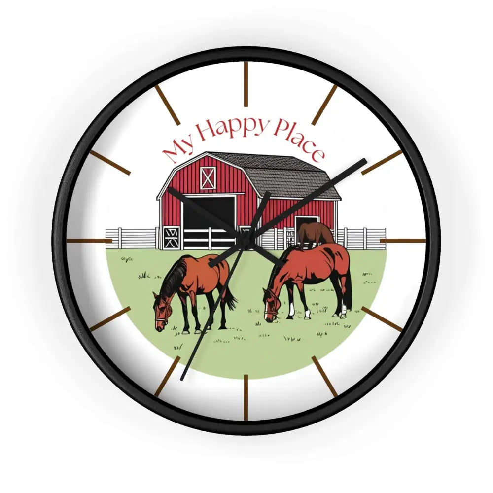 Rustic Horse Barn Wall Clock for Horse Lovers My Happy Place 10 x 10 inches Black Base Home Decor