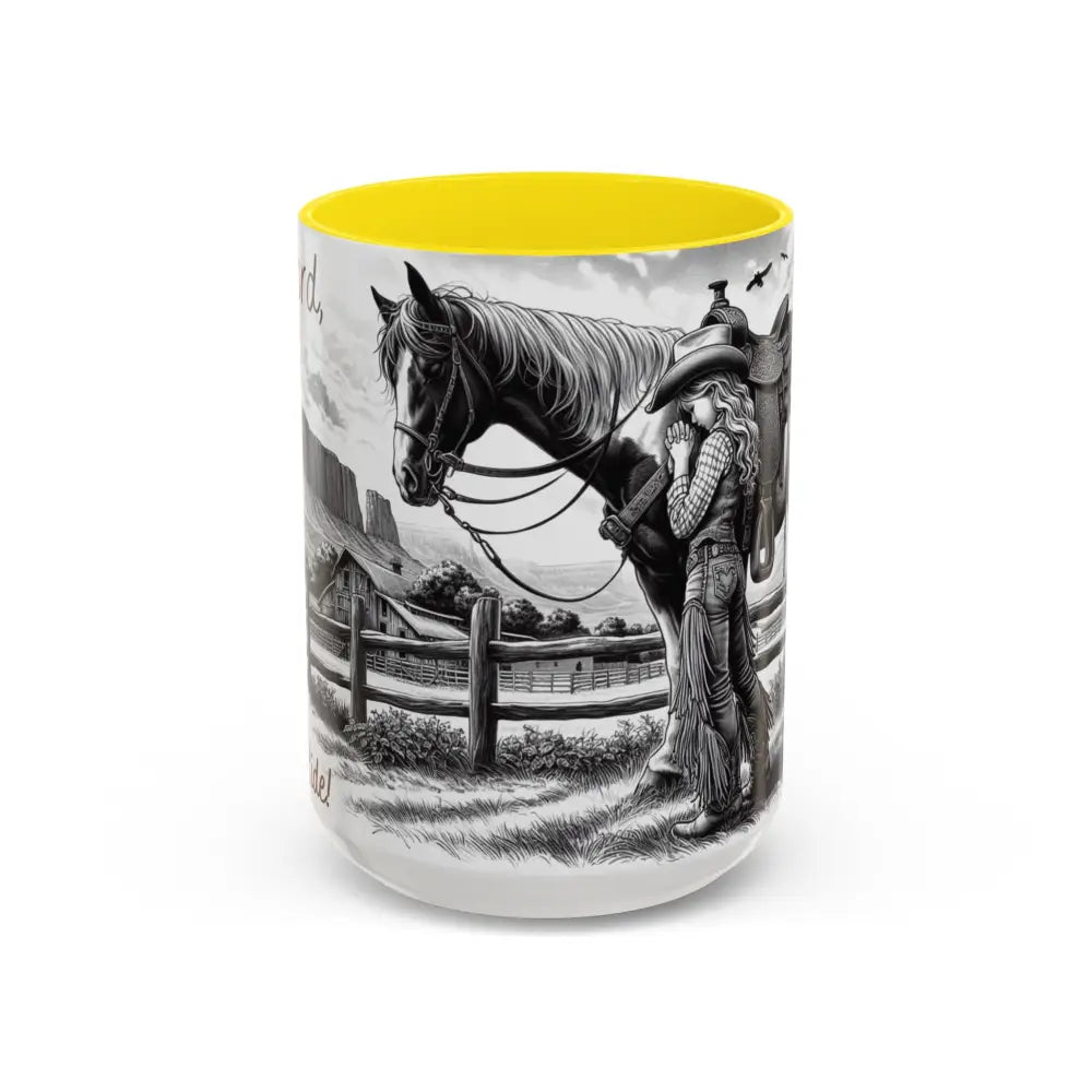 Rustic Young Praying Cowgirl Beverage Mug - Perfect Gift for Equestrian Enthusiasts 15oz - 15oz / Yellow - Mugs