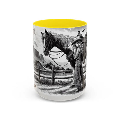 Rustic Young Praying Cowgirl Beverage Mug - Perfect Gift for Equestrian Enthusiasts 15oz - 15oz / Yellow - Mugs