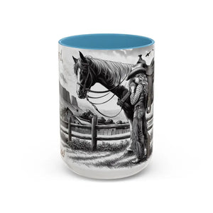 Rustic Young Praying Cowgirl Beverage Mug - Perfect Gift for Equestrian Enthusiasts 15oz - 15oz / Light Blue - Mugs