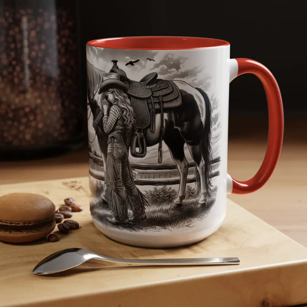 Rustic Young Praying Cowgirl Beverage Mug - Perfect Gift for Equestrian Enthusiasts 15oz - Mugs
