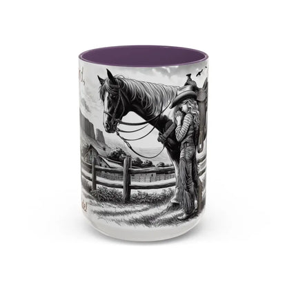 Rustic Young Praying Cowgirl Beverage Mug - Perfect Gift for Equestrian Enthusiasts 15oz - 15oz / Purple - Mugs