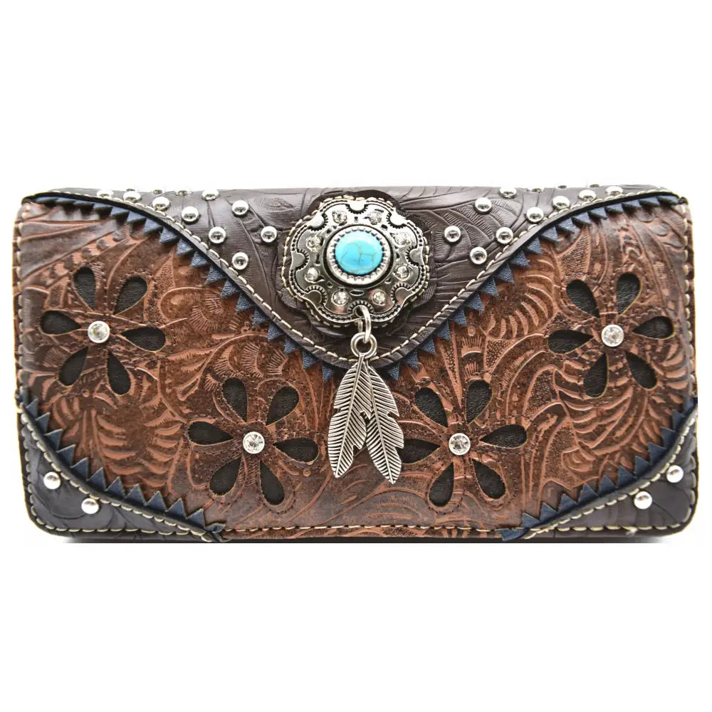 Western Handbag Wallet Set Tooled PU Letter Handbag Shoulder Purse with Studs - Bags
