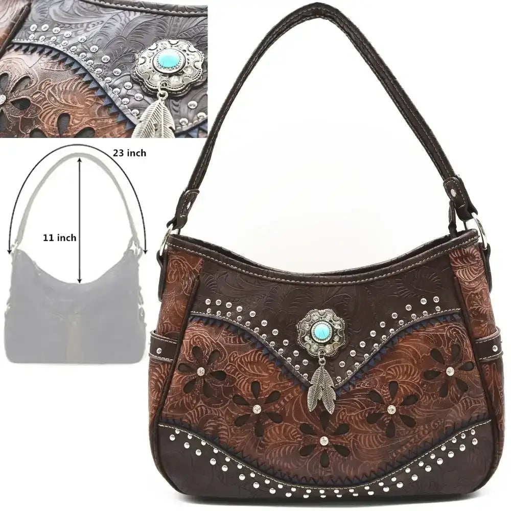 Western Handbag Wallet Set, Tooled Leather Shoulder Purse with Studs - The Best New Thing