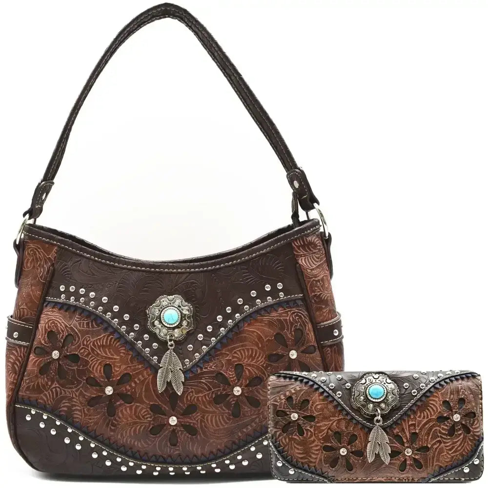 Western Handbag Wallet Set, Tooled Leather Shoulder Purse with Studs - The Best New Thing
