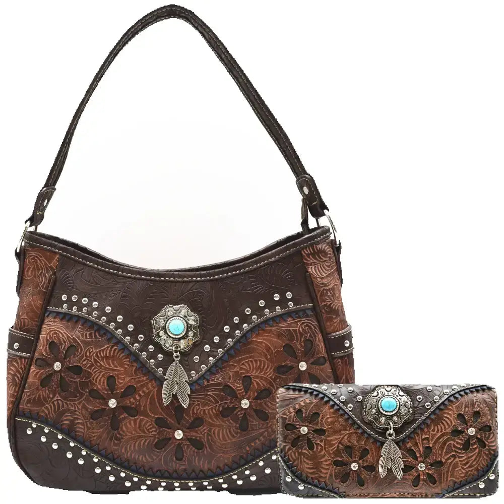 Western Handbag Wallet Set Tooled PU Letter Handbag Shoulder Purse with Studs - Brown - Bags