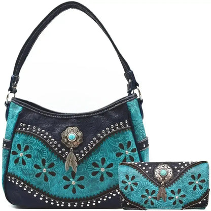 Western Handbag Wallet Set, Tooled Leather Shoulder Purse with Studs - The Best New Thing
