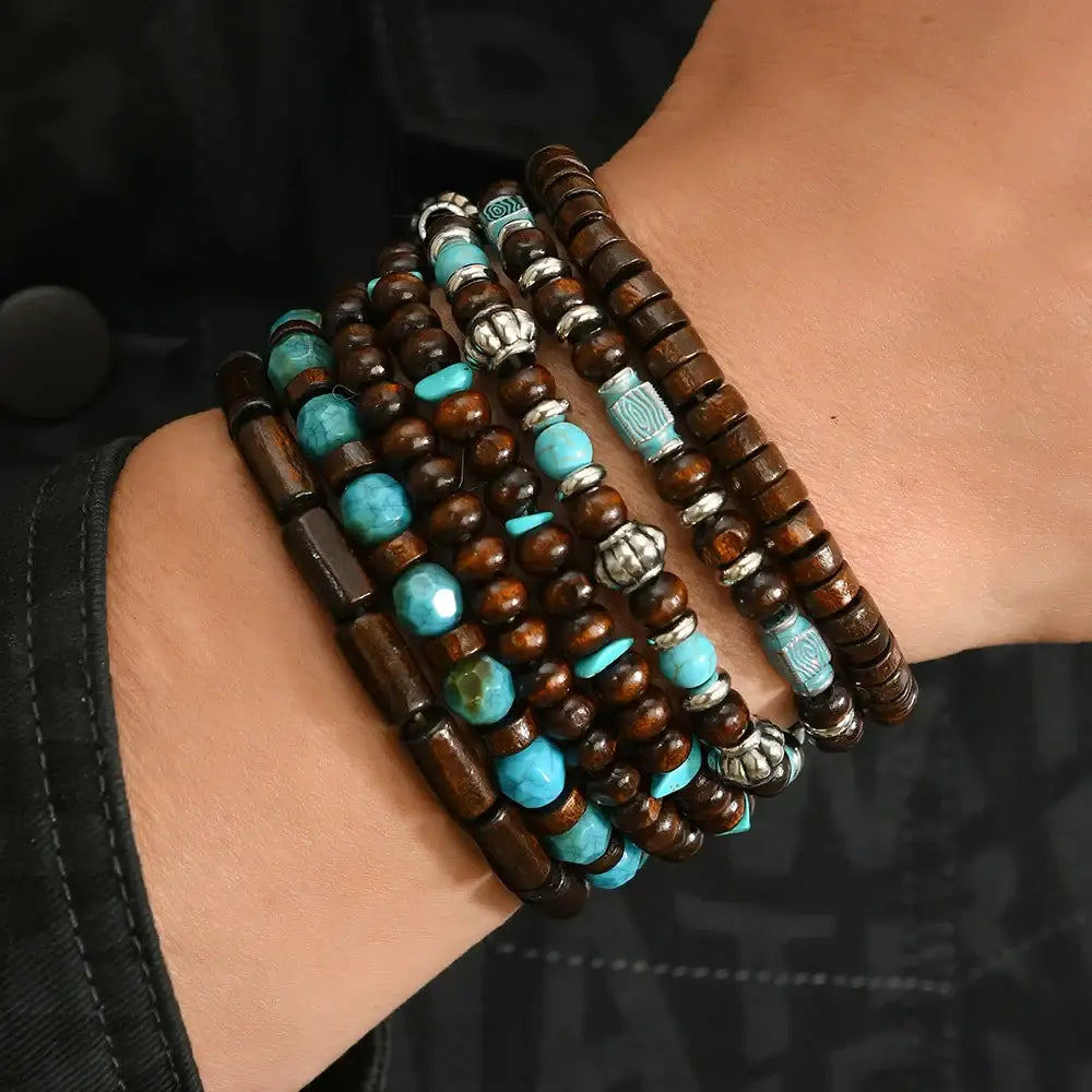 Western Bead Bracelets Bracelet Sets Turquoise Strand Bracelets 7 pcs - brown - Jewelry