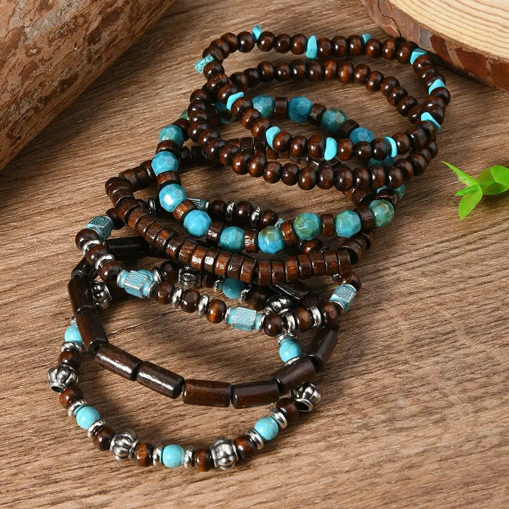 Western Bead Bracelets Bracelet Sets Turquoise Strand Bracelets 7 pcs - brown - Jewelry