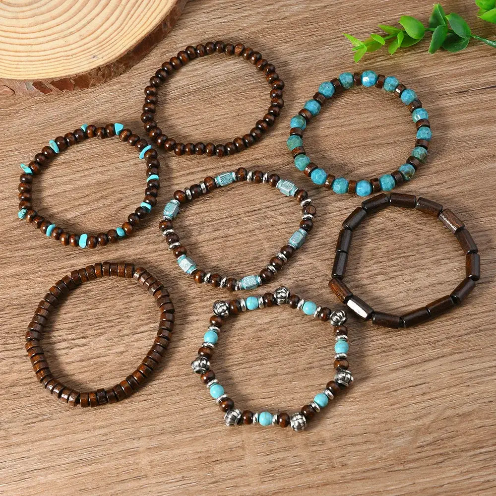 Western Bead Bracelets Bracelet Sets Turquoise Strand Bracelets 7 pcs - brown - Jewelry