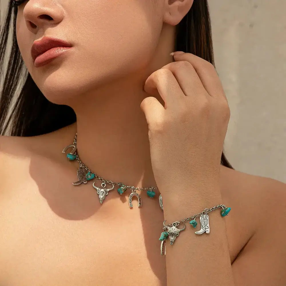 Western Turquoise Choker Necklace and Bracelet with a twist of Southwest Charms Jewelry
