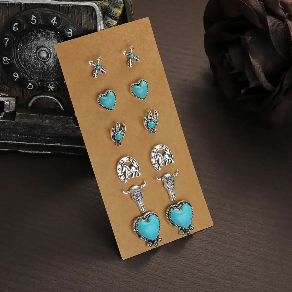 Western Turquoise Earrings Cowgirl Jewelry Earrings for Women 6 pair - XY-603 - Jewelry