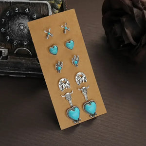 Western Turquoise Earrings Cowgirl Jewelry Earrings for Women 6 pair - XY-603 - Jewelry