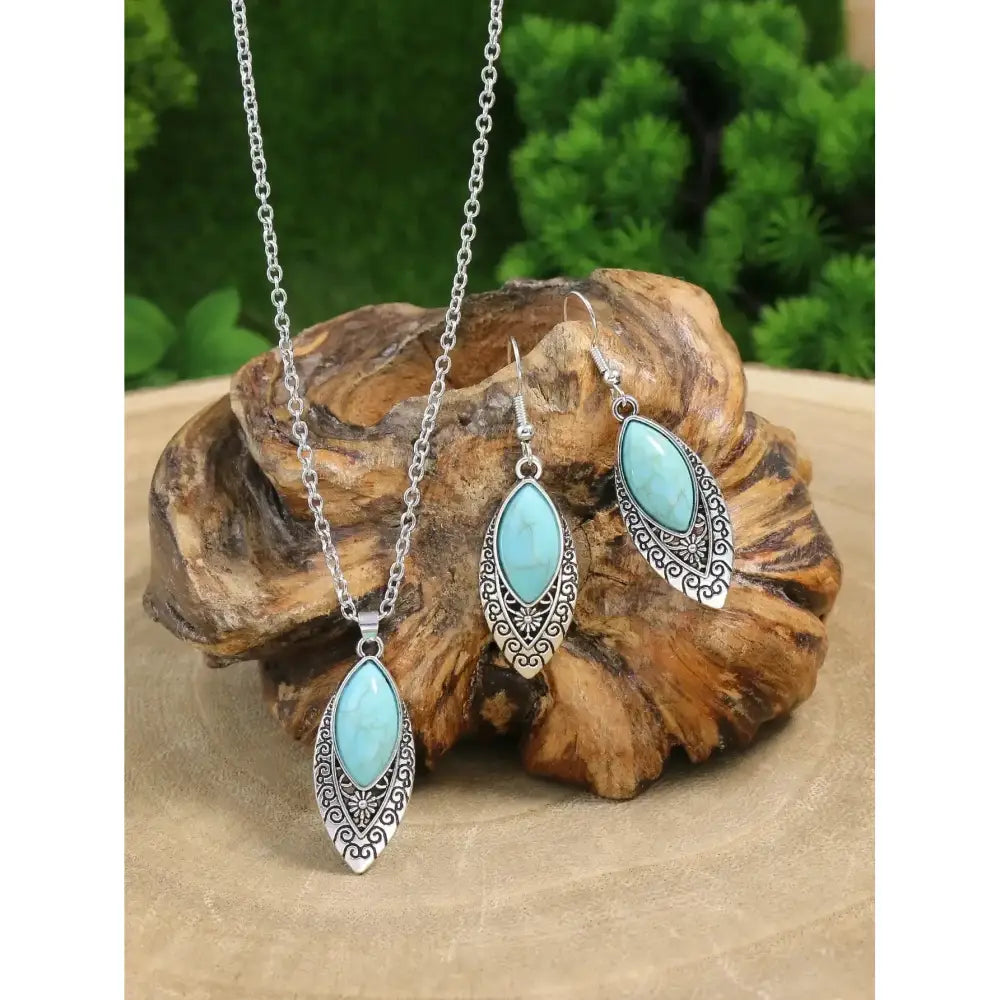 Western Turquoise Necklace Earring Set Vintage Silver Plated Dangle Earrings 23092106 Jewelry