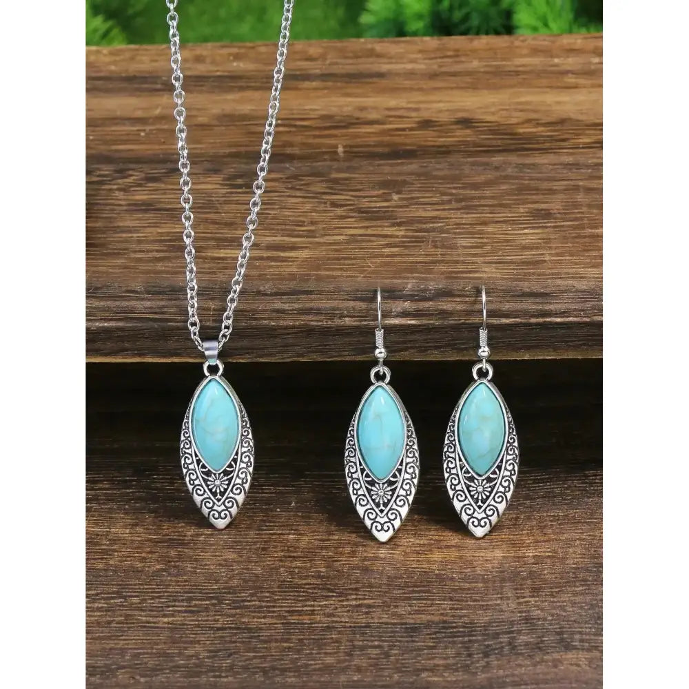 Western Turquoise Necklace Earring Set Vintage Silver Plated Dangle Earrings 23092106 Jewelry