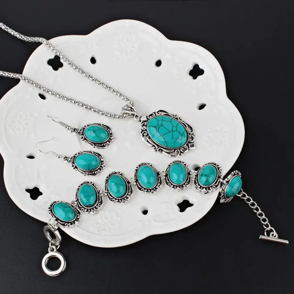 Western Vintage Turquoise Bracelet Necklace Earrings Set 3pcs Set Blue Jewelry